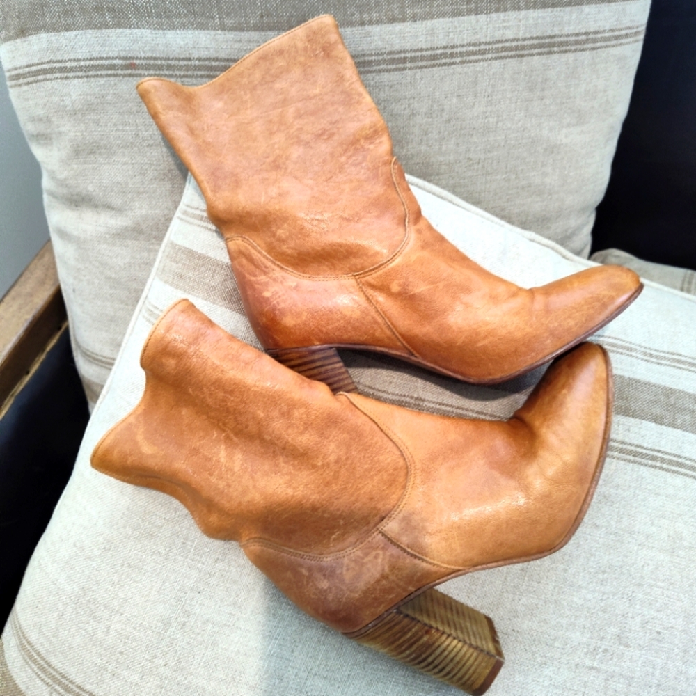 Free People Tan Leather Pointed-Toe Western Ankle Boots